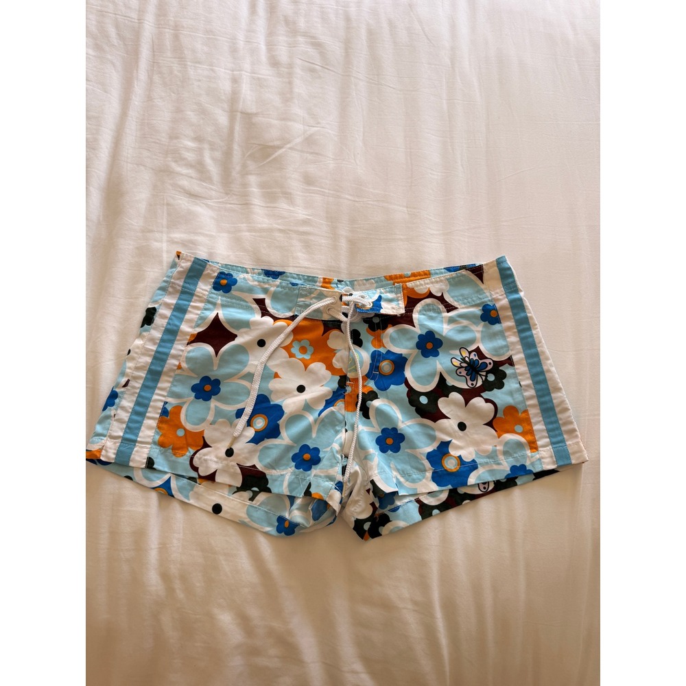 Hustle Mirco Board Shorts Blue Orange Floral Retro Print Swim Womens XS/S